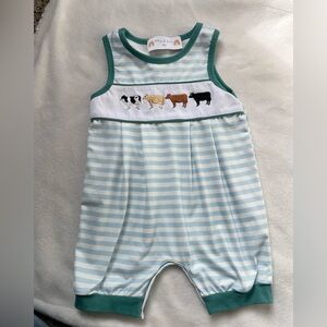 Abby and Evie Blue and White Striped Kids Romper with Cow Embroidery Faux Smock